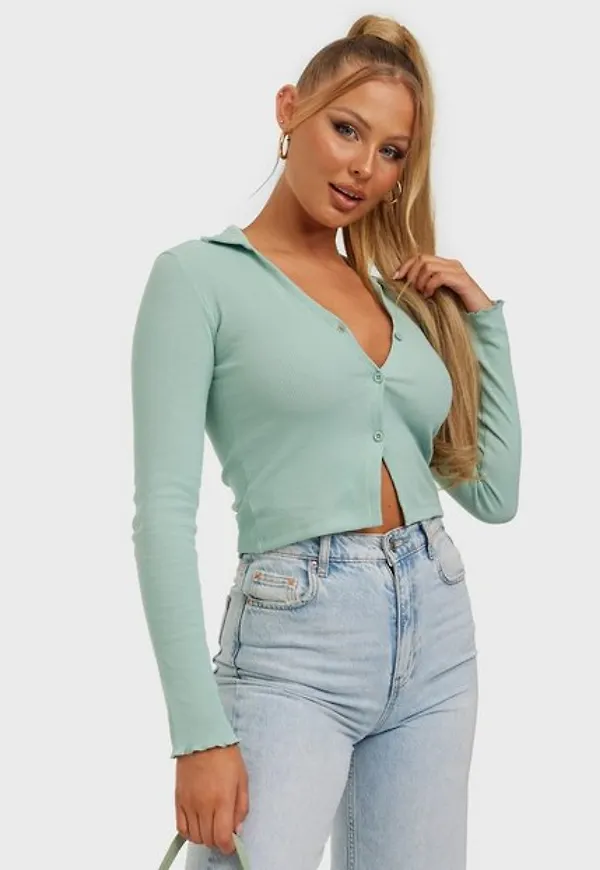 NLY Trend Effortless Button Top Långärmade toppar Blå/Grön