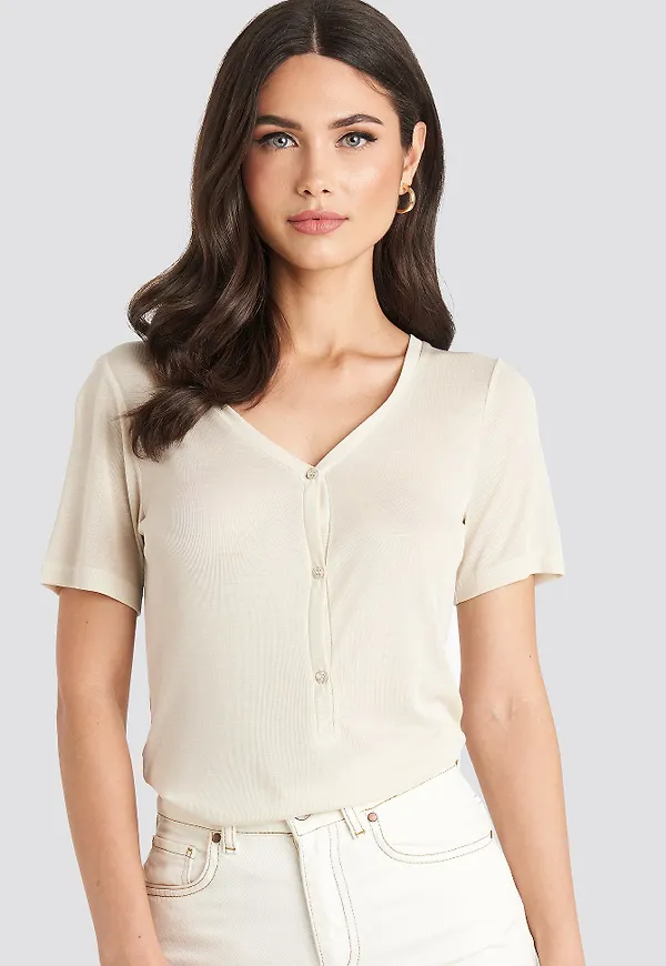 NA-KD Button Up Ribbed Top - Beige