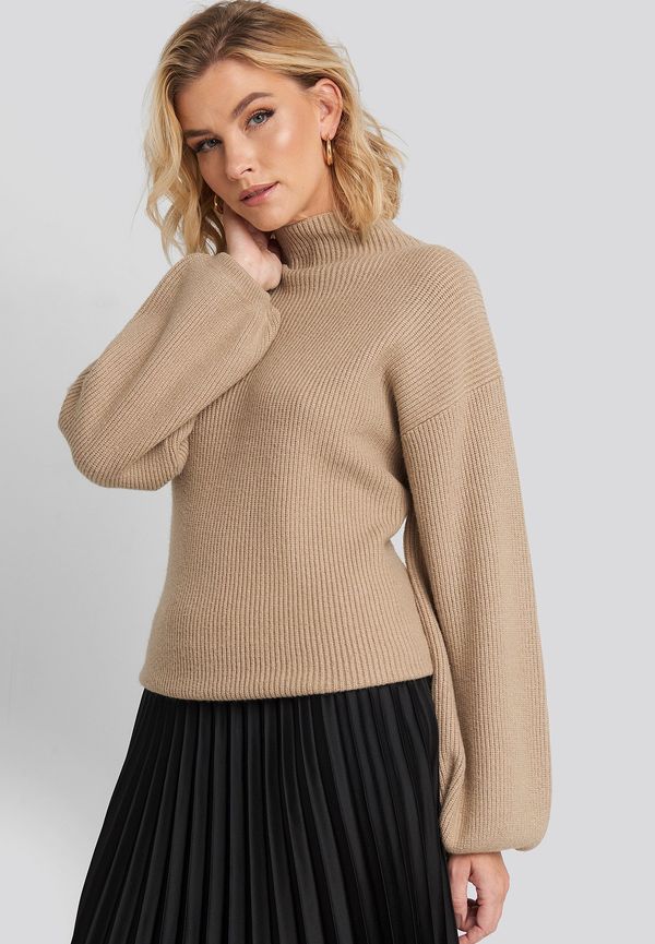 NA-KD High Neck Big Sleeve Knitted Sweater - Beige