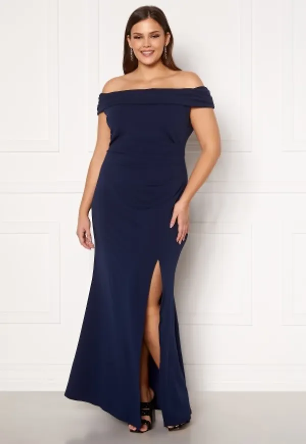 Goddiva Curve Off Shoulder Maxi Curve Dress Navy 44 (UK16)