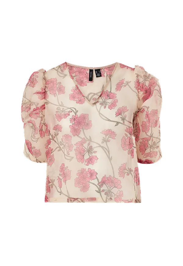 Vero Moda - Blus vmInes S/S Flower Organza Top - Brun