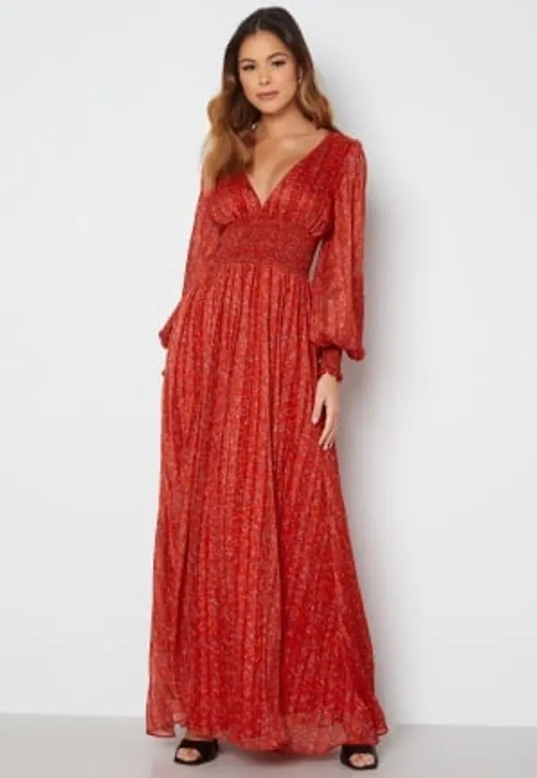 Goddiva Ditsy Long Sleeve Shirred Maxi Dress Red M (UK12)