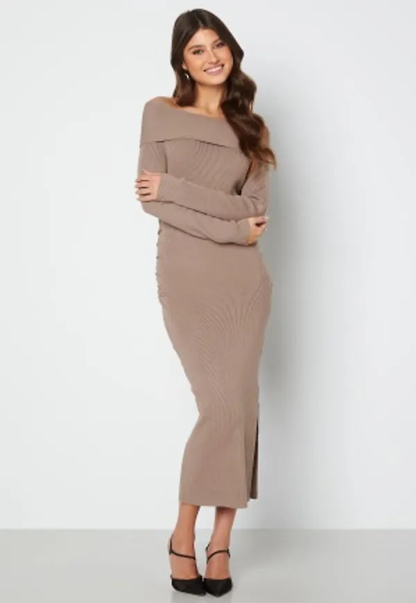 BUBBLEROOM Josie knitted off shoulder dress Light brown L