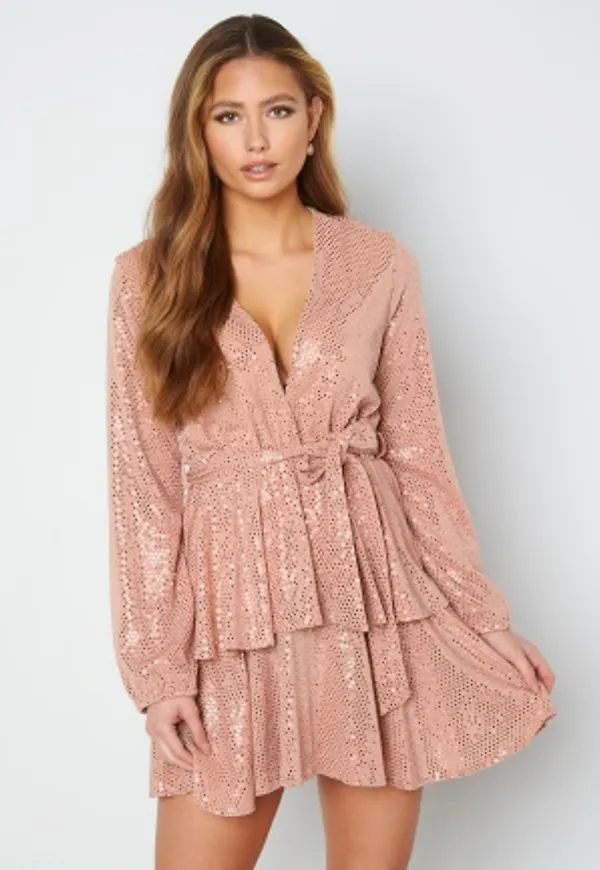 John Zack Sequin Deep V Ruffle Skater Dress Blush XXL (UK18)
