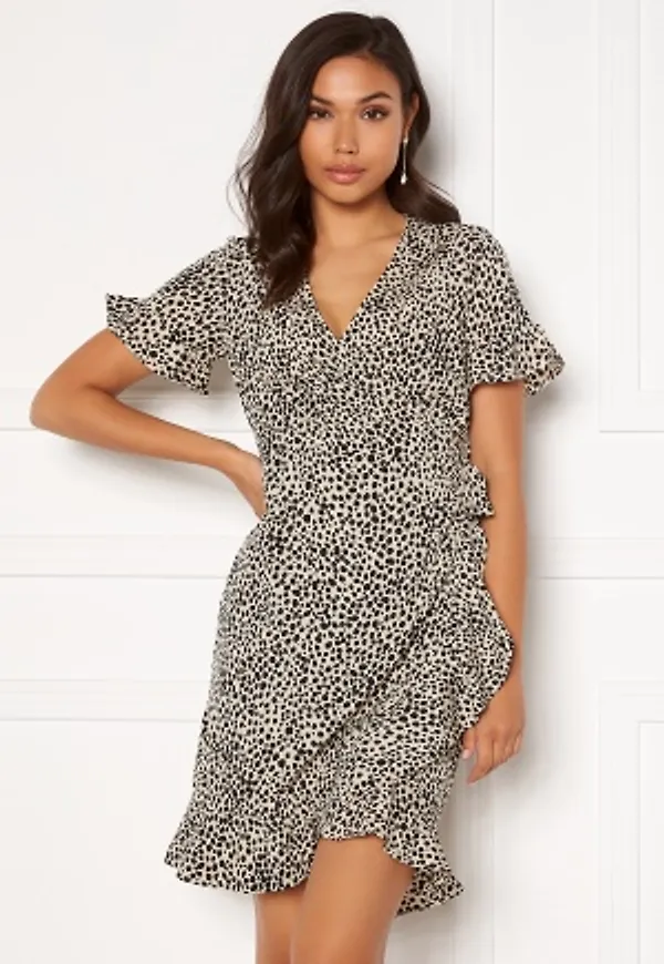 VERO MODA Henna 2/4 Wrap Frill Dress Oatmeal/ AOP: Lizzy XS