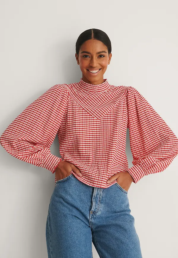 NA-KD Rutig Blus Med Smock - Red