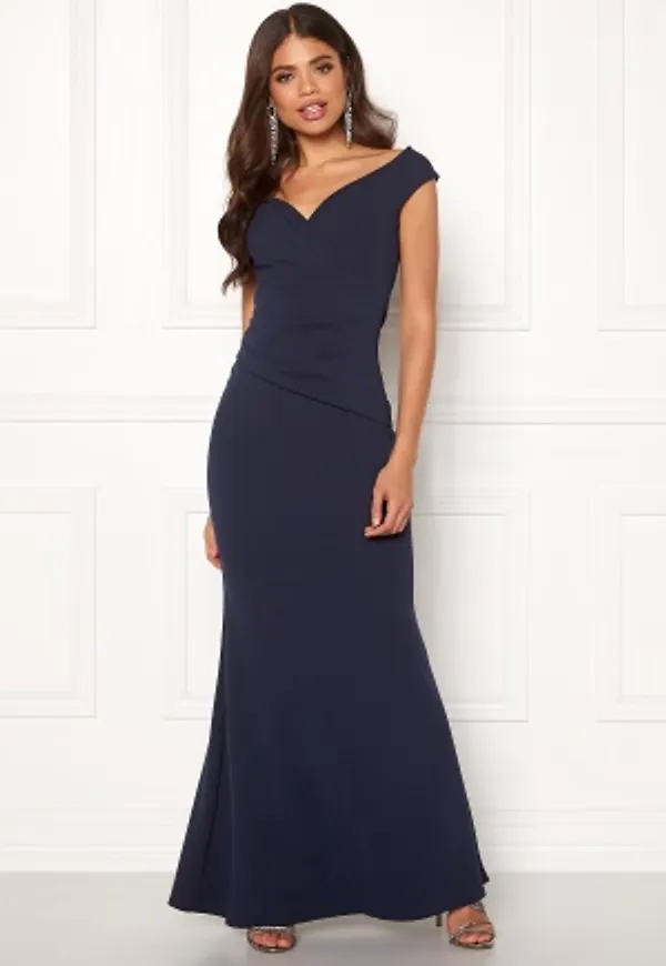 Goddiva Bardot Pleat Maxi Dress Navy XL (UK16)