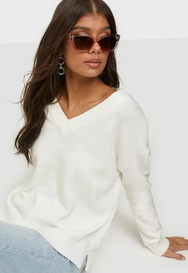 Vila Viril Oversize V-Neck Knit Top - No Stickade tröjor White Alyssum