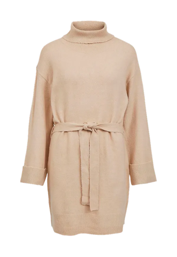 Vila - Stickad klänning viRolfie L/S Tie Belt Knit Dress - Beige
