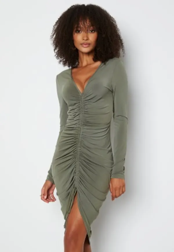 Goddiva Rouched Front Midi Dress Khaki L (UK14)