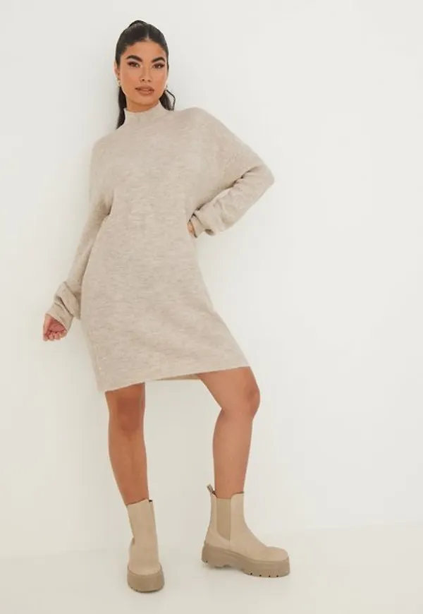 Vero Moda Vmlefile Ls Highneck Dress Noos Stickade klänningar Birch Melange