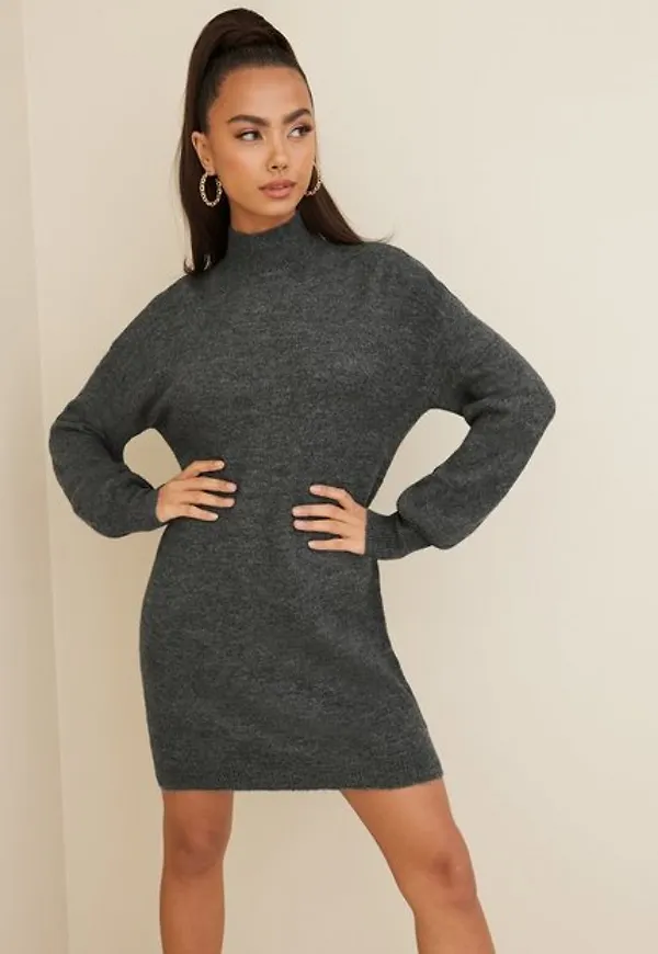 Vero Moda Vmlefile Ls Highneck Dress Noos Stickade klänningar Medium Grey Melange