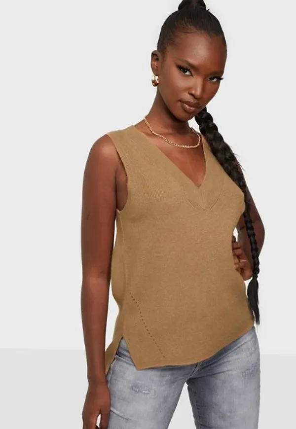 Vila Viril Knit Rib V-Neck S/L Vest - No Stickade västar Tigers Eye Melange