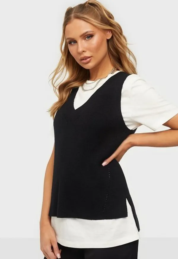 Vila Viril Knit Rib V-Neck S/L Vest - No Stickade västar Black
