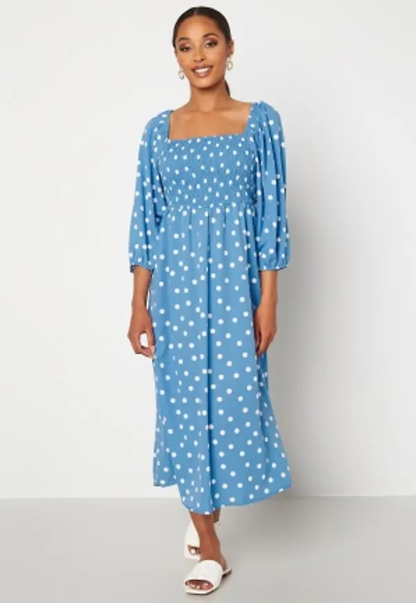 VERO MODA Ginna 3/4 Smock Square Dress Azure Blue AOP White L