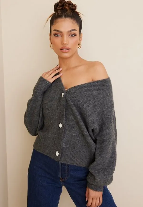 Vero Moda Vmlefile Ls V-Neck Jewel Cardigan B Cardigans Medium Grey Melange