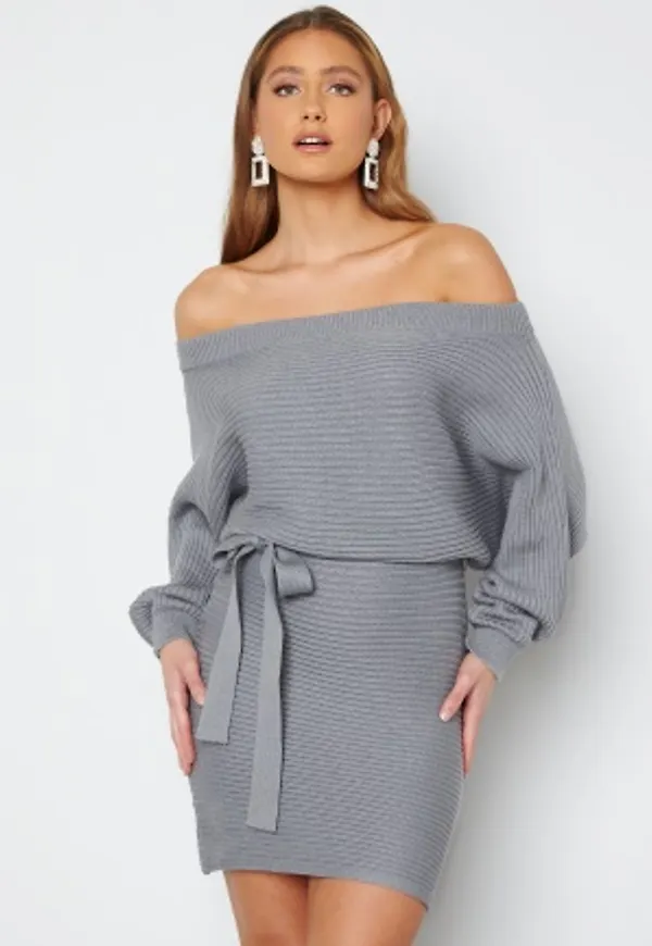 BUBBLEROOM Imani knitted off shoulder dress Grey melange S