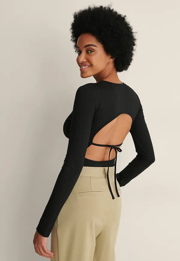 NA-KD Trend Recycled Ribbad Topp Med Öppen Rygg - Black