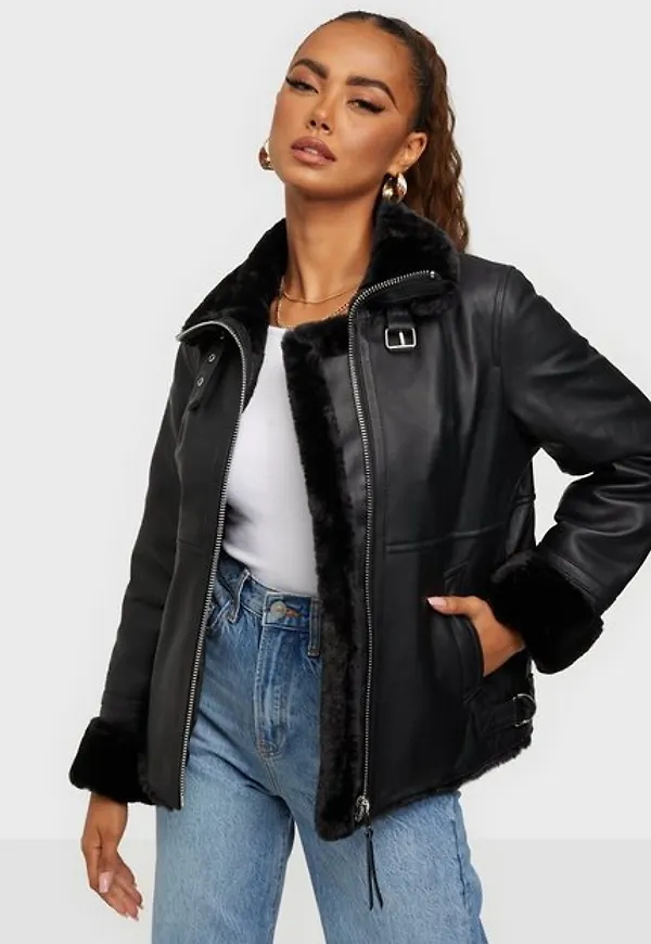 Jofama Alice Leather Bomber Jacket Faux Fur