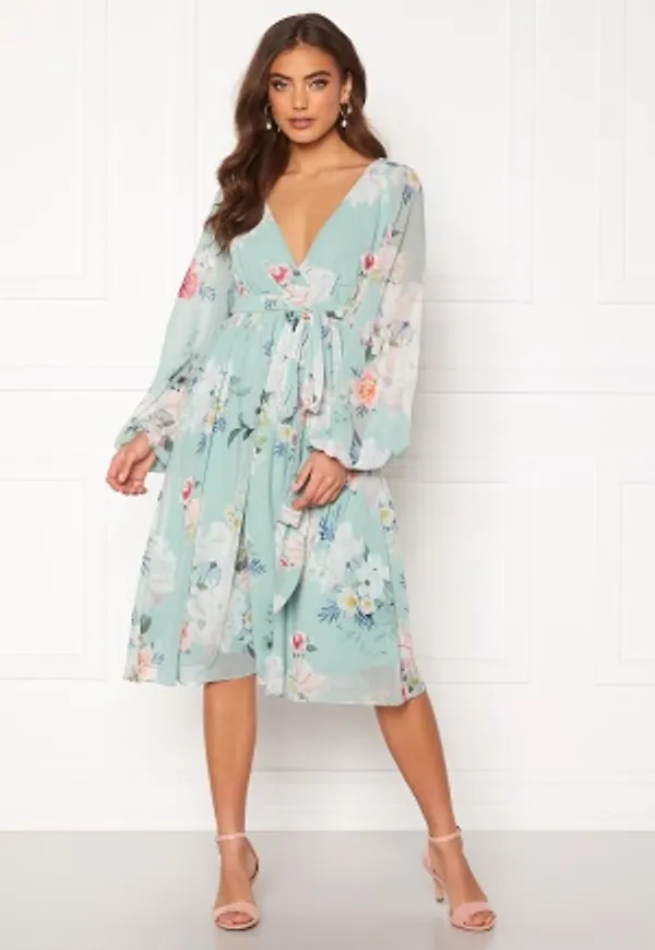 Goddiva Floral Long Sleeve Chiffon Midi Dress Sage Green Floral XS (UK8)