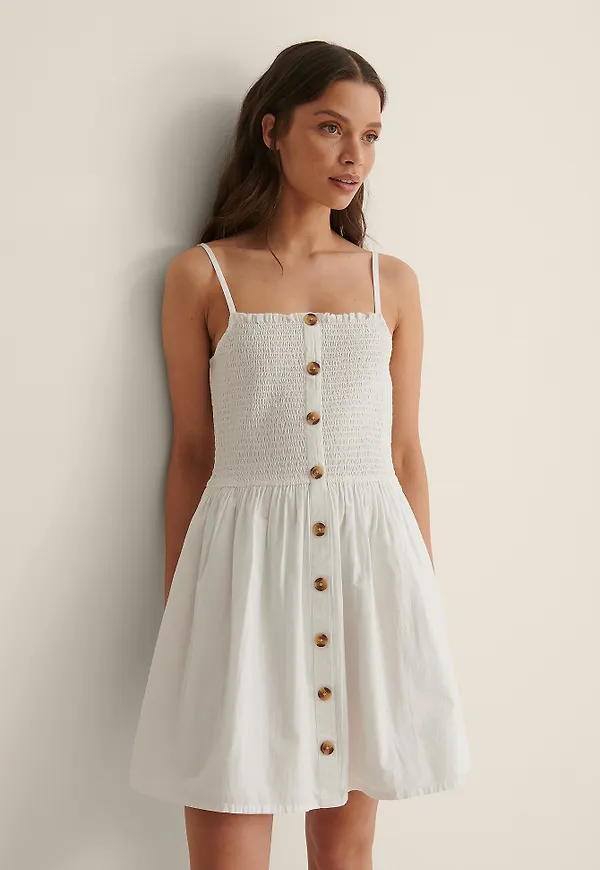 NA-KD Boho Smockad Klänning Med Knappar - White