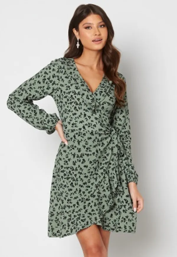 BUBBLEROOM Miriam flounce wrap dress Green / Black S