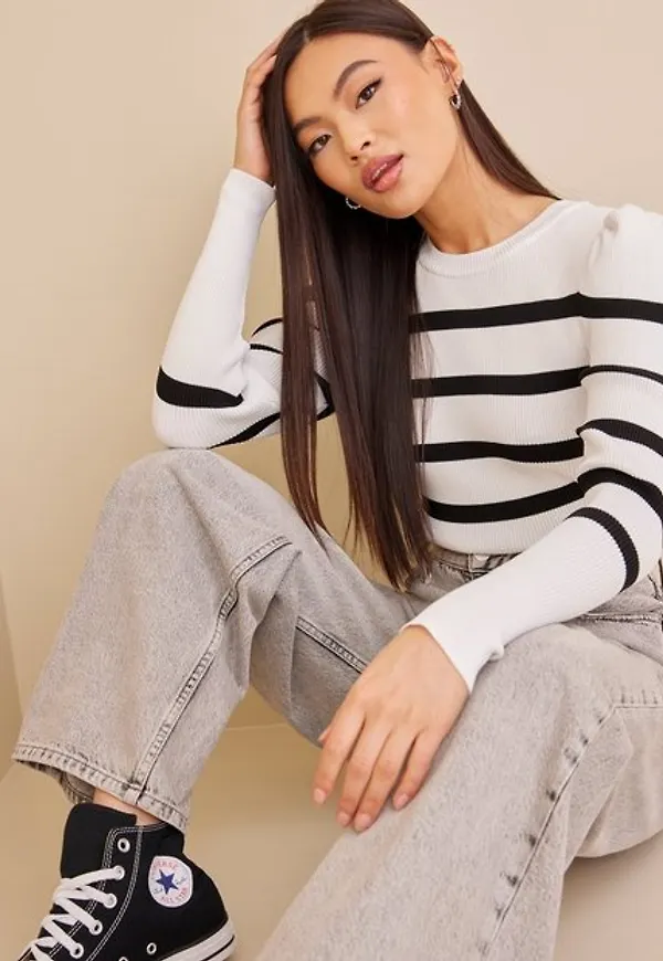 Only Onlsally L/S Puff Pullover Knt Noos Stickade tröjor Cloud Dancer W. Black