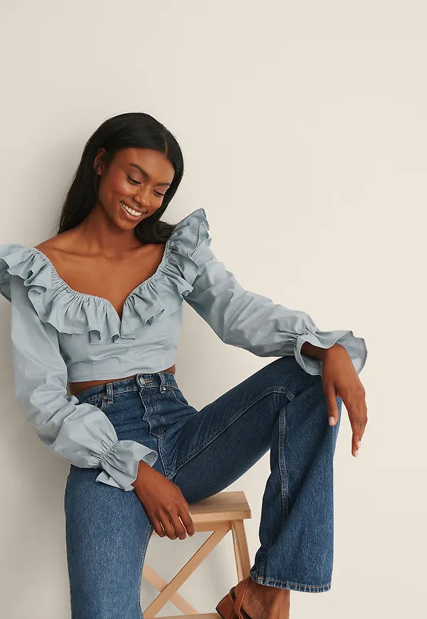 NA-KD Boho Croppad Volangblus - Blue