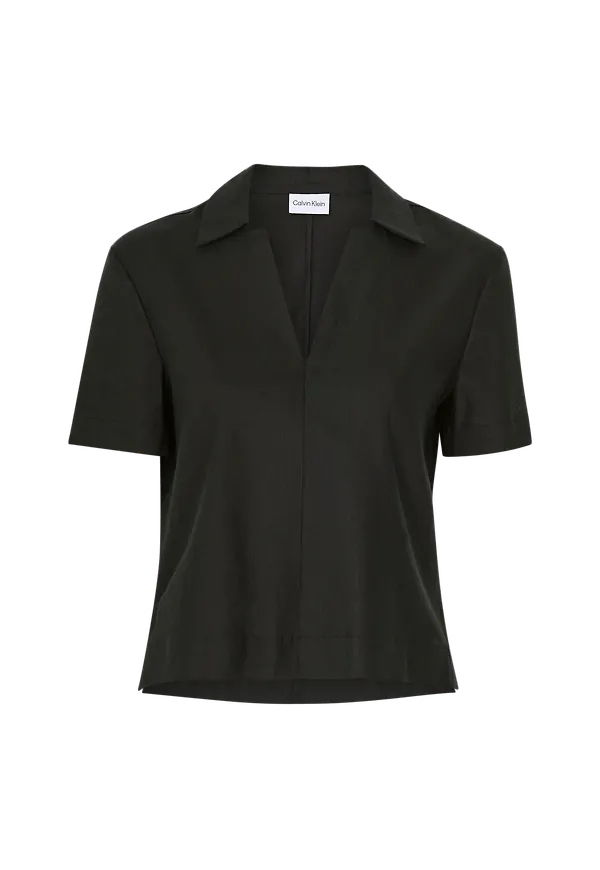 Calvin Klein - Blus Linen Open Neck Top - Svart