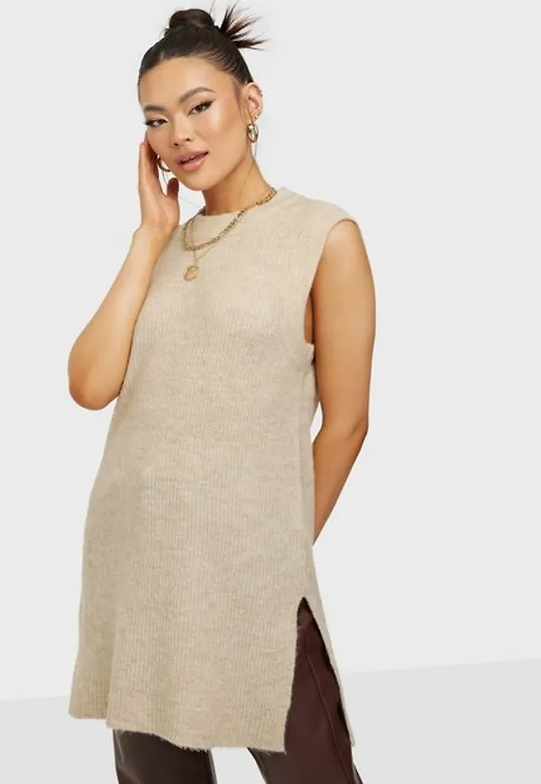 Only Onlkarinna Long Vest Knt Stickade västar Pumice Stone W. Melange
