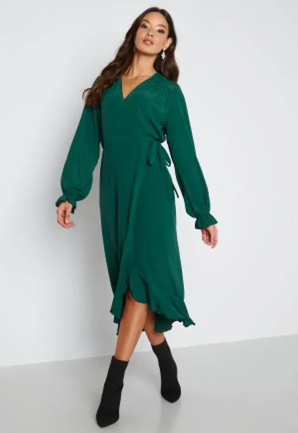 John Zack Long Sleeve Wrap Frill Dress Forest Green XS (UK8)
