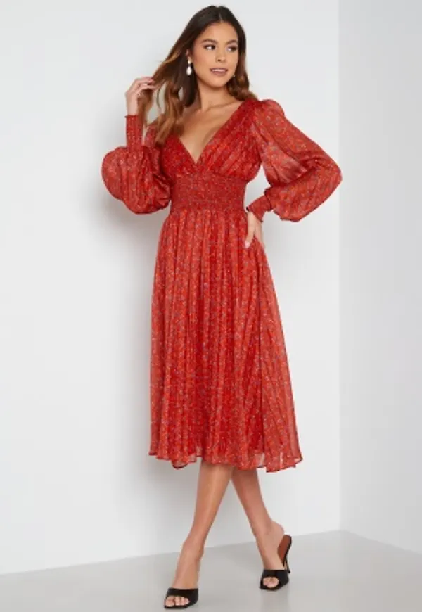 Goddiva Ditsy Long Sleeve Shirred Midi Dress Red M (UK12)