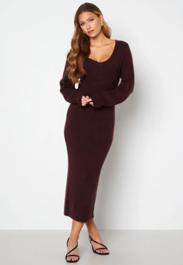 BUBBLEROOM Rosanna knitted puff sleeve dress Wine-red M