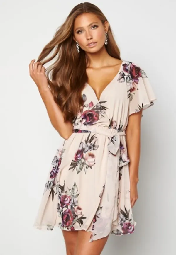 Goddiva Floral Flutter Skater Dress Latte XS (UK8)