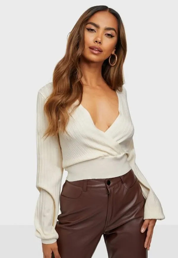 Missguided Plunge Ribbed Long Sleeve Top Långärmade toppar