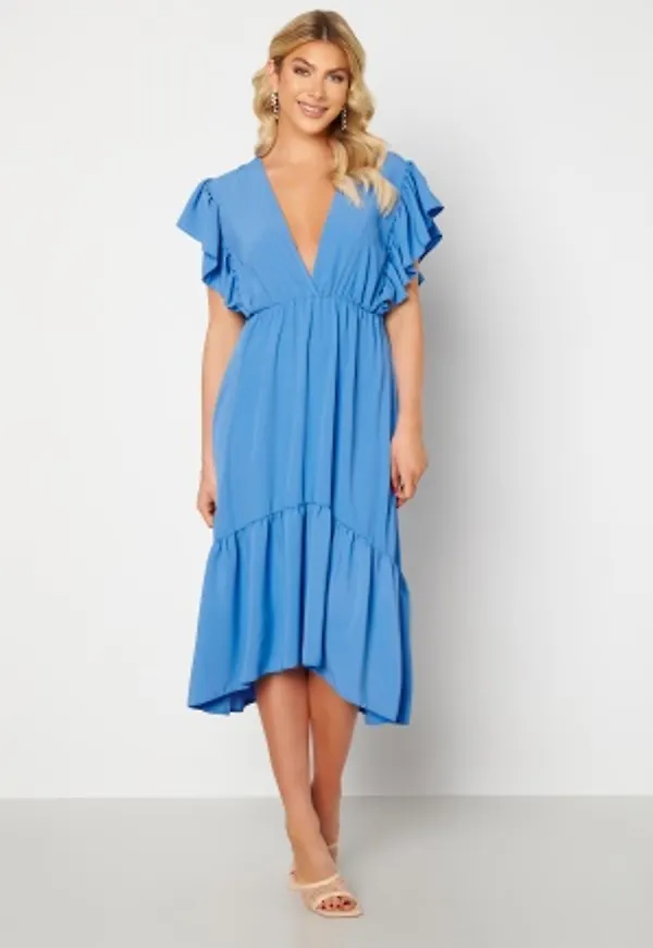 John Zack Frill Sleeve V Neck Midaxi Dress Blue XL (UK16)