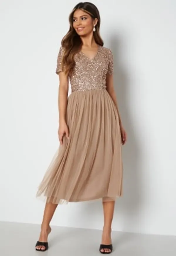 AngelEye Short Sleeve Sequin Embellished Midi Dress Taupe S (UK10)