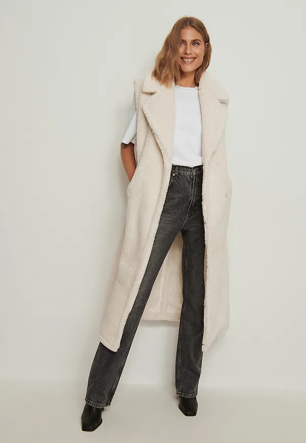NA-KD Trend Recycled lång teddyväst - Offwhite
