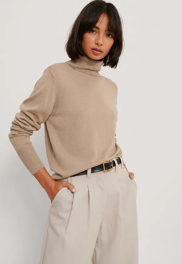 NA-KD Trend Tröja I Merinoull Med Hög Krage - Beige