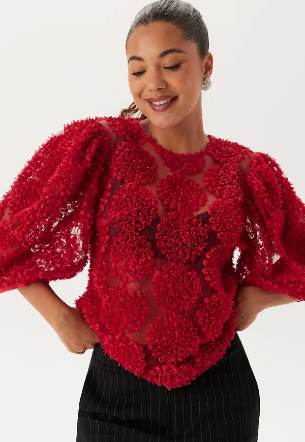 3D Flower Puff Sleeve Blouse