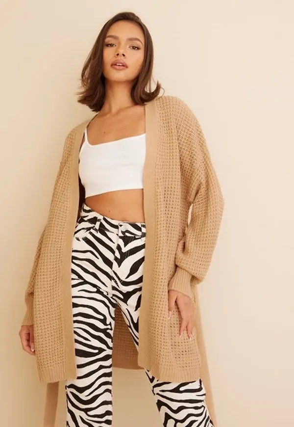 Missguided Recycled Waffle Stitch Belted Balloon Sleeve Cardi Cardigans Stone