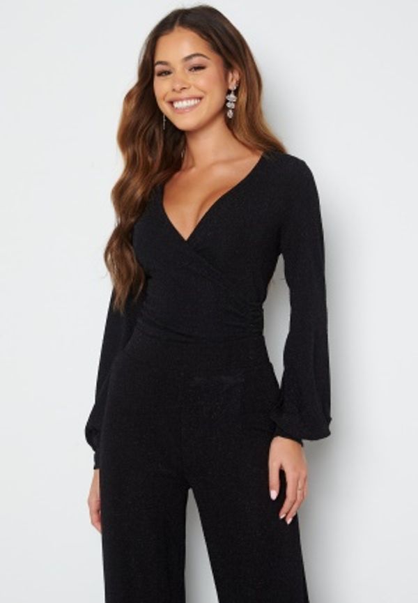 VILA Shinni Glitter L/S Wrap Top Black: Black Lurex S