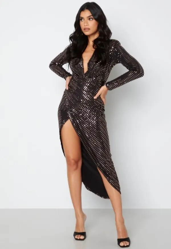 John Zack Sequin Rouch Maxi Dress Bronze S (UK10)