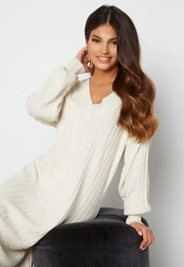 ONLY New Tessa L/S Midi V-Neck Dress Pumice Stone Det. Me M