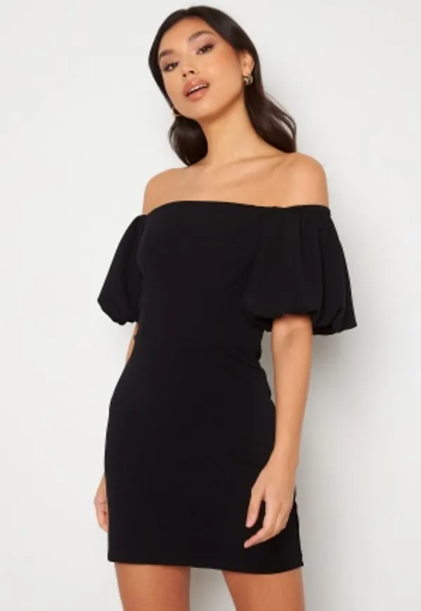 John Zack Bardot Puff Sleeve Mini Dress Black XL (UK16)
