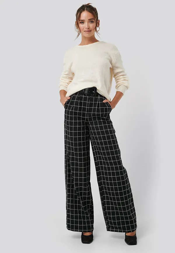 NA-KD Classic Big Check Wide Leg Pants - Black