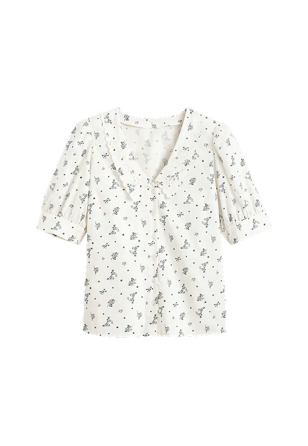 La Redoute - Blus med broderad krage, ekologisk bomull - Brun