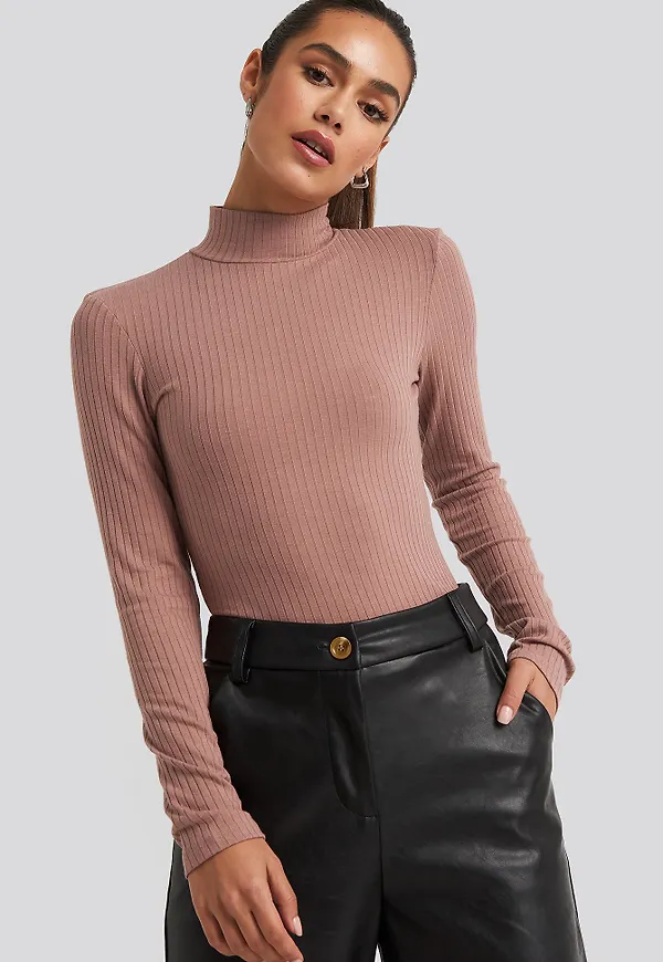 NA-KD Basic Ribbad Polotopp Med Lång Ärm - Pink
