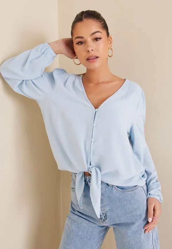 Only Onlmette L/S Button Knot Top Noos W Vardagsblusar Cashmere Blue