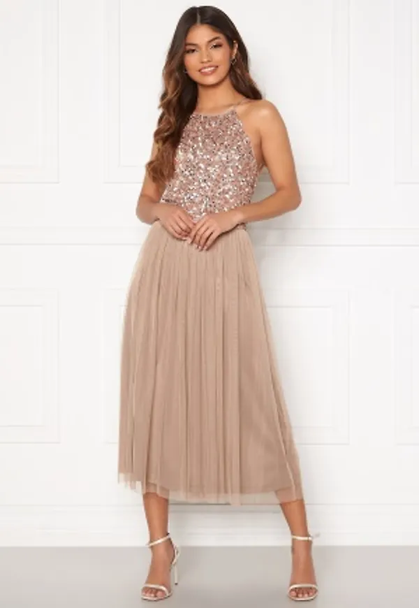 AngelEye High Neck Sequin Midi Dress Taupe M (UK12)